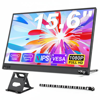 15.6-inch monitor with colorful display and feature icons on a white background