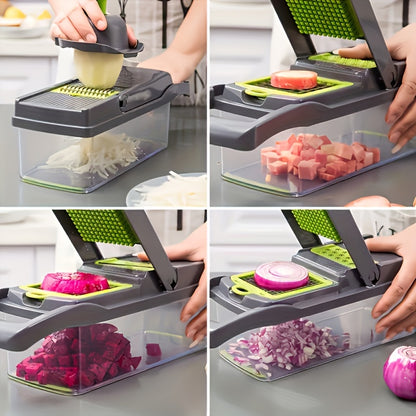 Collage of a person using a multi-functional kitchen tool to slice various vegetables.