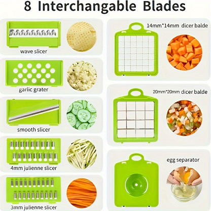 Set of interchangeable blades for a kitchen tool with various attachments and their uses.