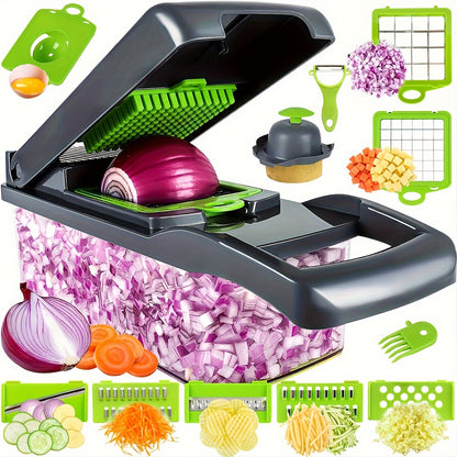 Multifunctional kitchen slicer with various attachments and chopped vegetables on a white background