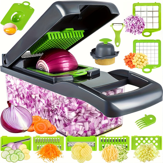 Multifunctional kitchen slicer with various attachments on a white background