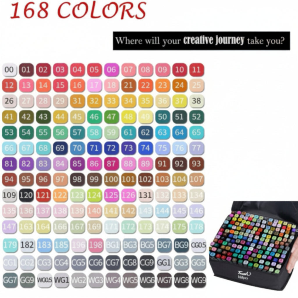 Set of markers with 168 colors and a box of markers on a white background.