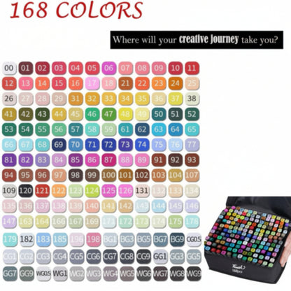 Set of markers with 168 colors and a box of markers on a white background.