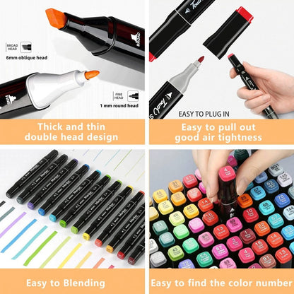 Multicolored markers with features highlighted on a white background