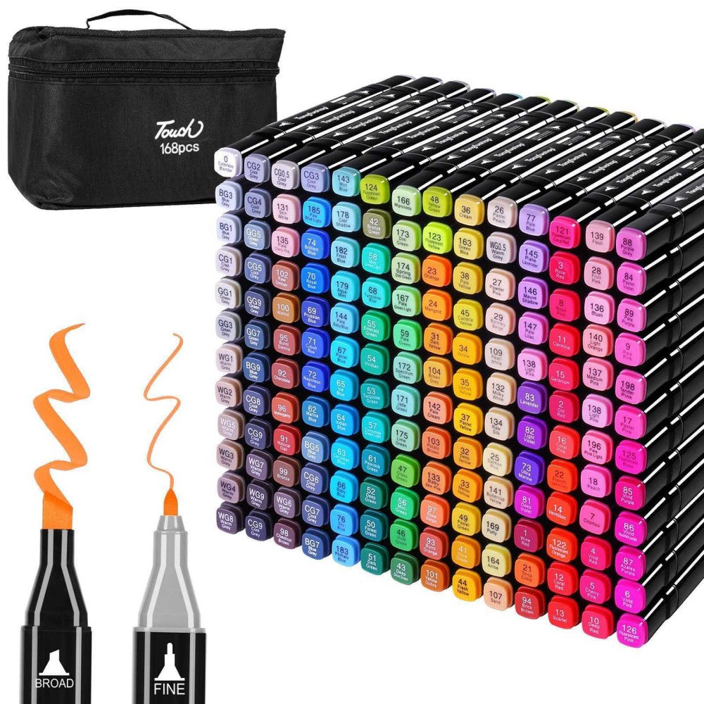Set of colorful markers with a carrying case and sample markers displayed.