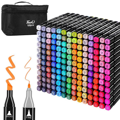 Set of colorful markers with a carrying case and sample markers displayed.