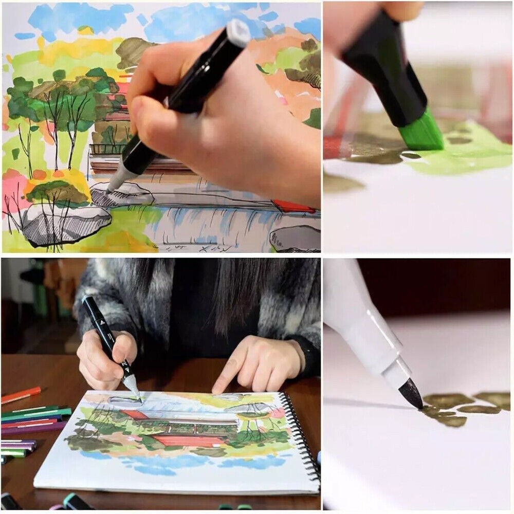 Collage of a person using markers to draw on paper with colorful illustrations.