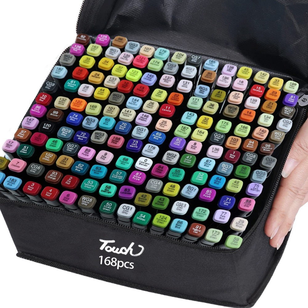 Set of 168 colored markers in a black case held by a hand