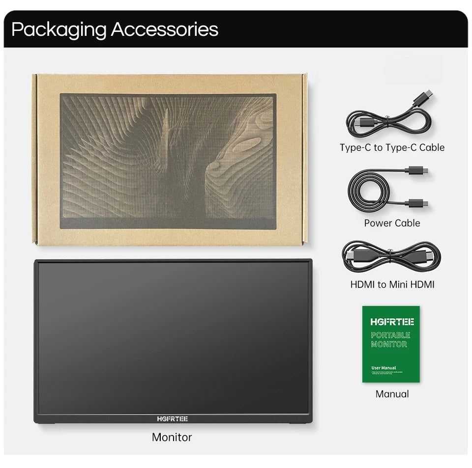 Portable monitor with packaging, cables, and manual on a white background