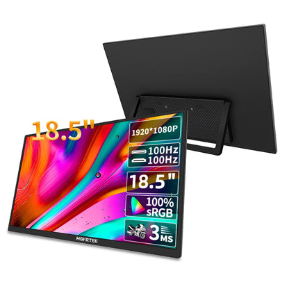 18.5-inch monitor with colorful display and technical specifications on a white background