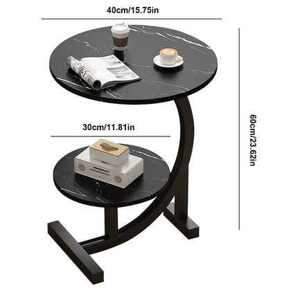 Black marble side table with dimensions labeled on a white background