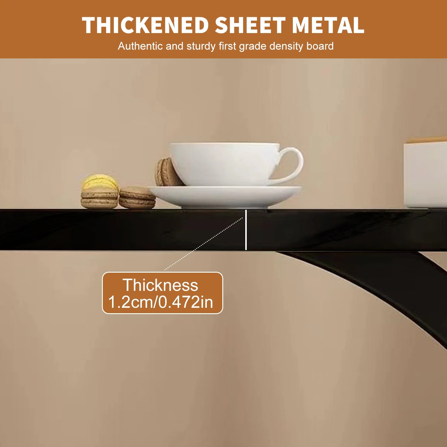 Tabletop with a white cup and cookies on a beige background, featuring text about thickened sheet metal.