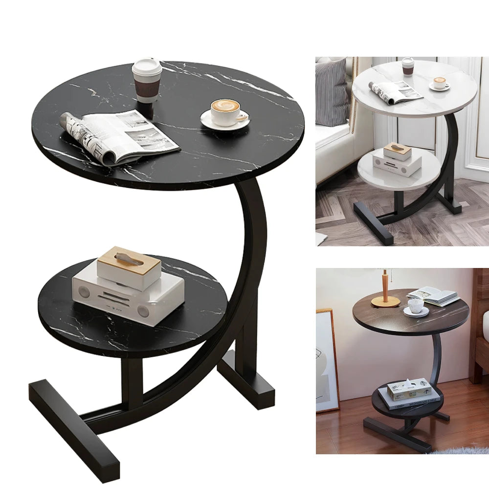 Black marble-patterned side table with various items on top, shown in different settings.