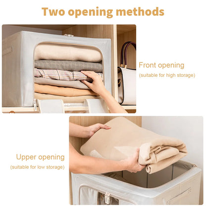 Storage bag with two opening methods shown, one for high storage and one for low storage.