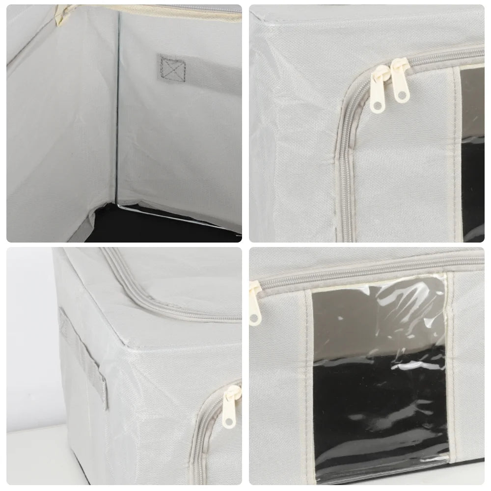Collage of a gray storage cube with zippers and clear window on a white background
