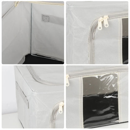 Collage of a gray storage cube with zippers and clear window on a white background