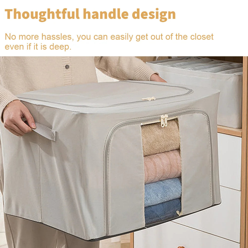 Person holding a gray storage bag with clothes inside, labeled 'Thoughtful handle design'.