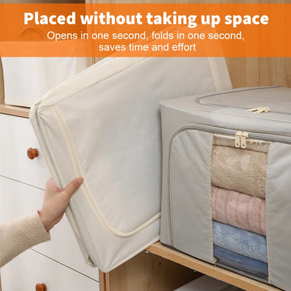 Foldable storage bag with clothes inside, placed against a wooden shelf.