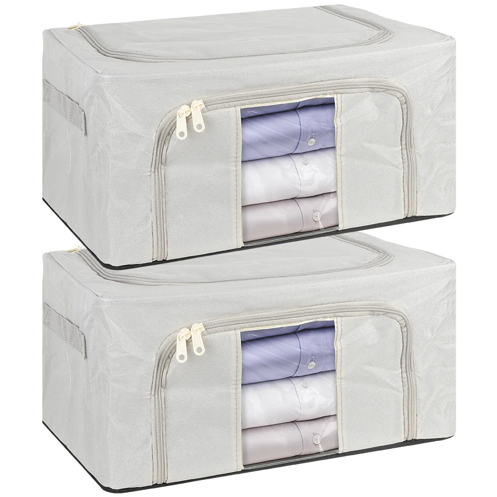 Two gray storage cubes with clear panels showing folded clothes on a white background