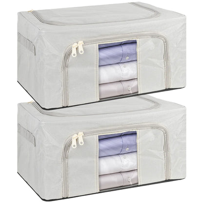 Two gray storage cubes with clear panels showing folded clothes on a white background