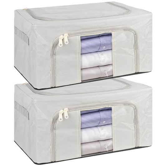 Two gray storage cubes with clear panels showing folded clothes on a white background