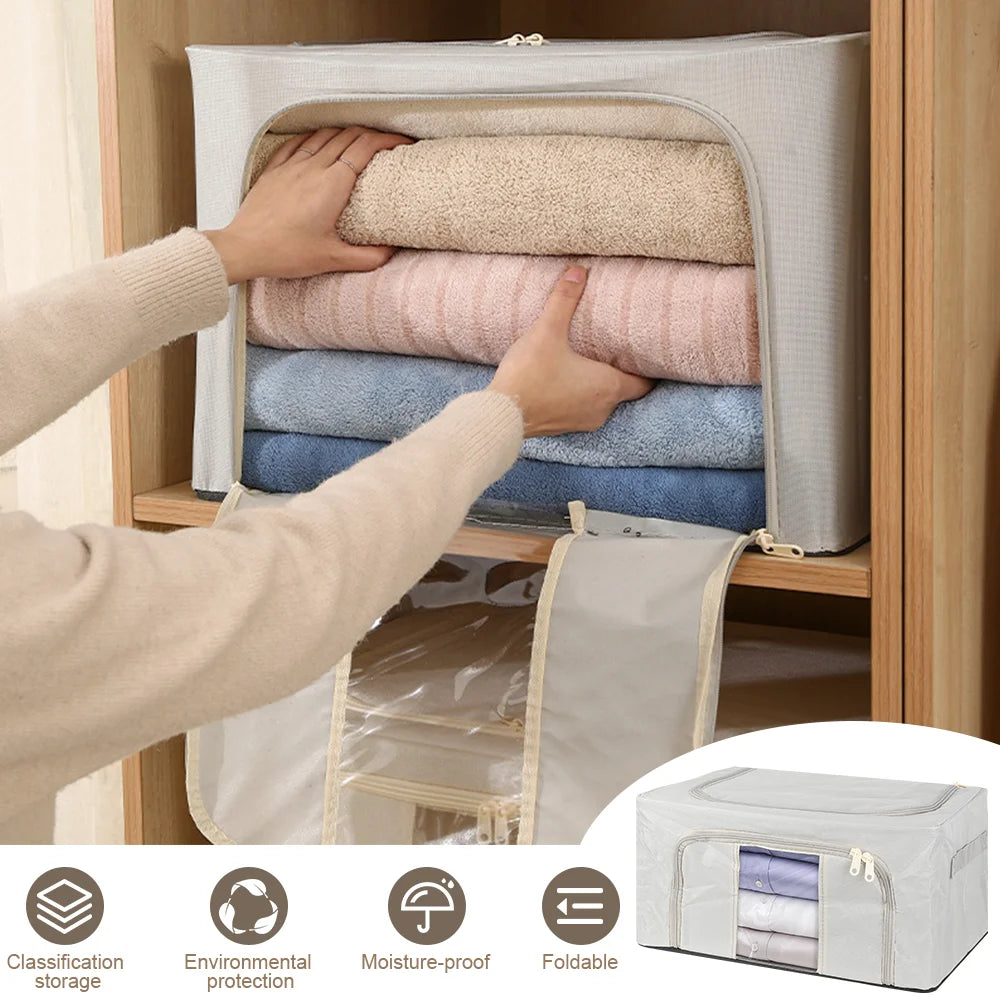 Person reaching into a folded clothes organizer to pull out folded garments.