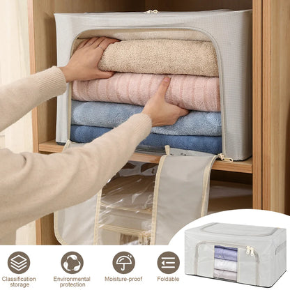 Person reaching into a folded clothes organizer to pull out folded garments.