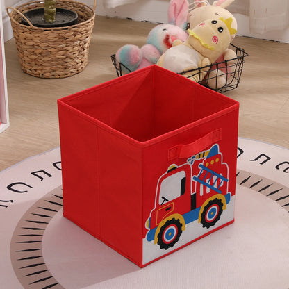 Red toy storage bin with a truck design on a wooden floor.