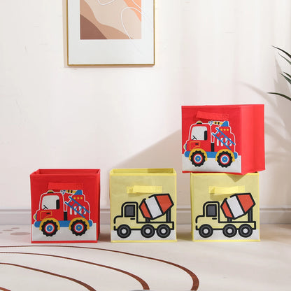 Three colorful storage bins with truck designs on a light background
