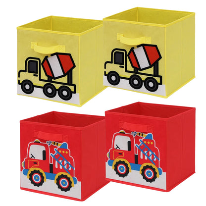 Two yellow storage cubes with cement truck designs and two red storage cubes with fire truck designs on a white background.