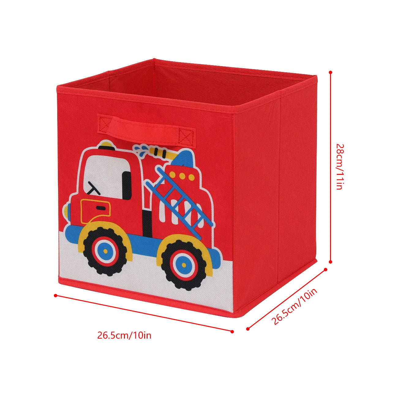 Red storage cube with a fire truck design and measurements on a white background