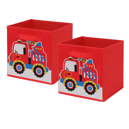 Two red storage cubes with fire truck designs on a white background
