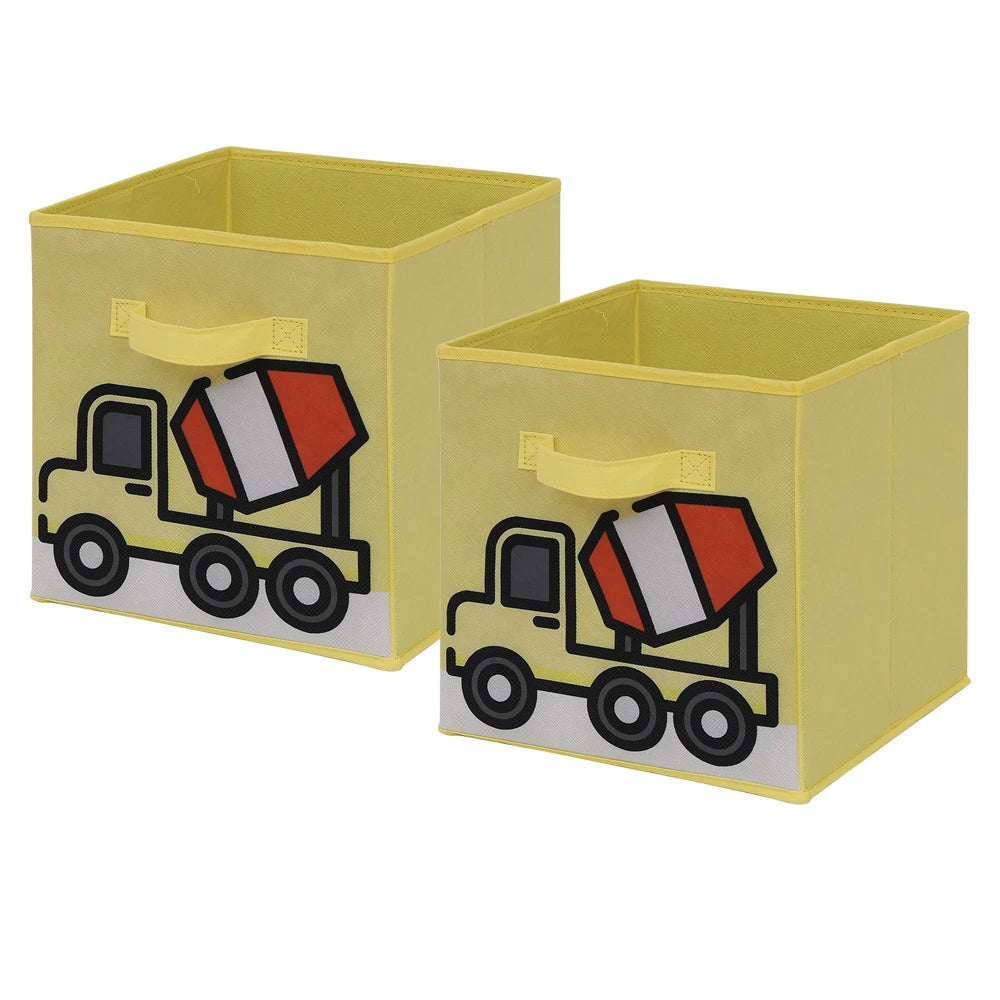 Two yellow storage cubes with cement truck designs on a white background