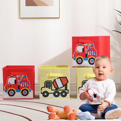 Baby playing with toys next to colorful storage bins with vehicle designs on a light-colored floor.