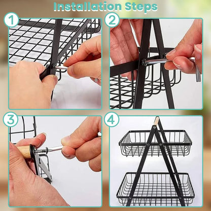 Step-by-step installation guide for a metal basket stand with hands using tools.