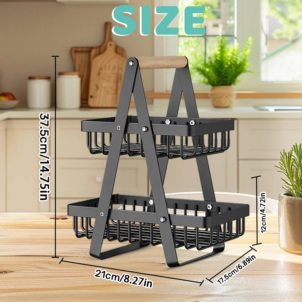 Black metal kitchen rack with dimensions displayed on a wooden surface.