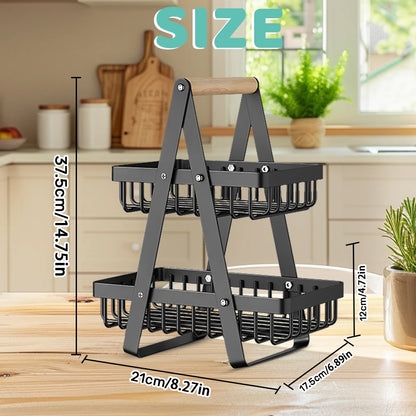 Black metal kitchen rack with dimensions displayed on a wooden surface.
