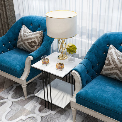 2 Tier Marble Side Table Between 2 Blue Chairs