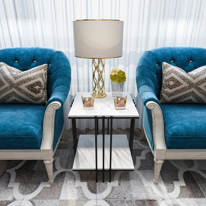 2 Tier Marble Side Table Between 2 Blue Chairs