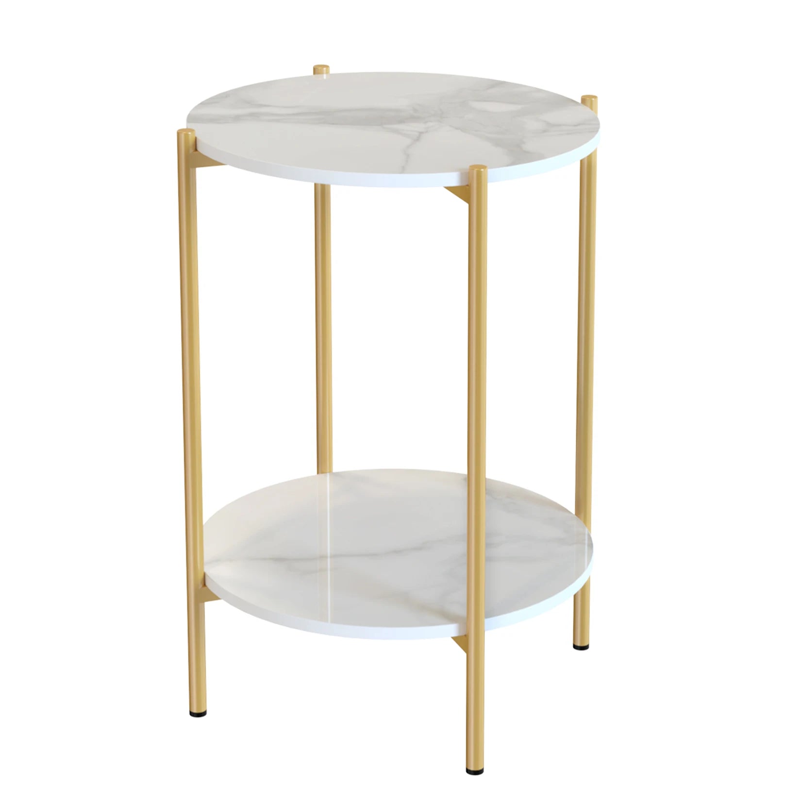 Round side table with marble-like top and bottom shelf on gold legs against a white background
