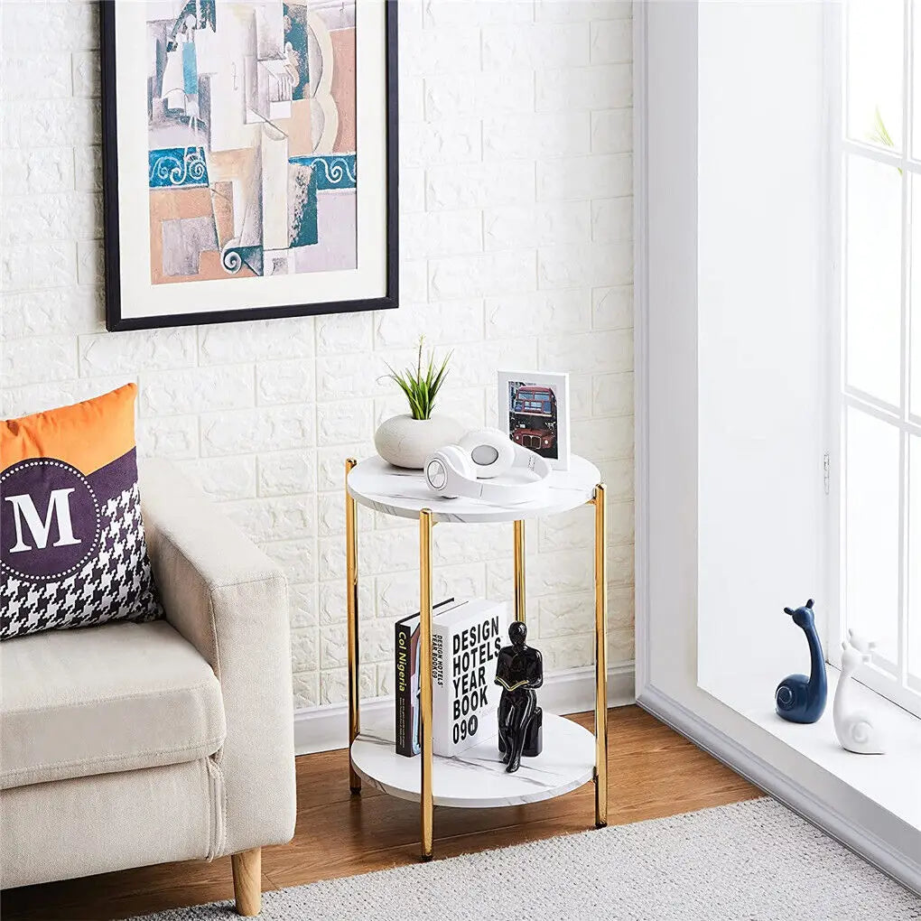 Modern living room with a side table, sofa, and decorative items.