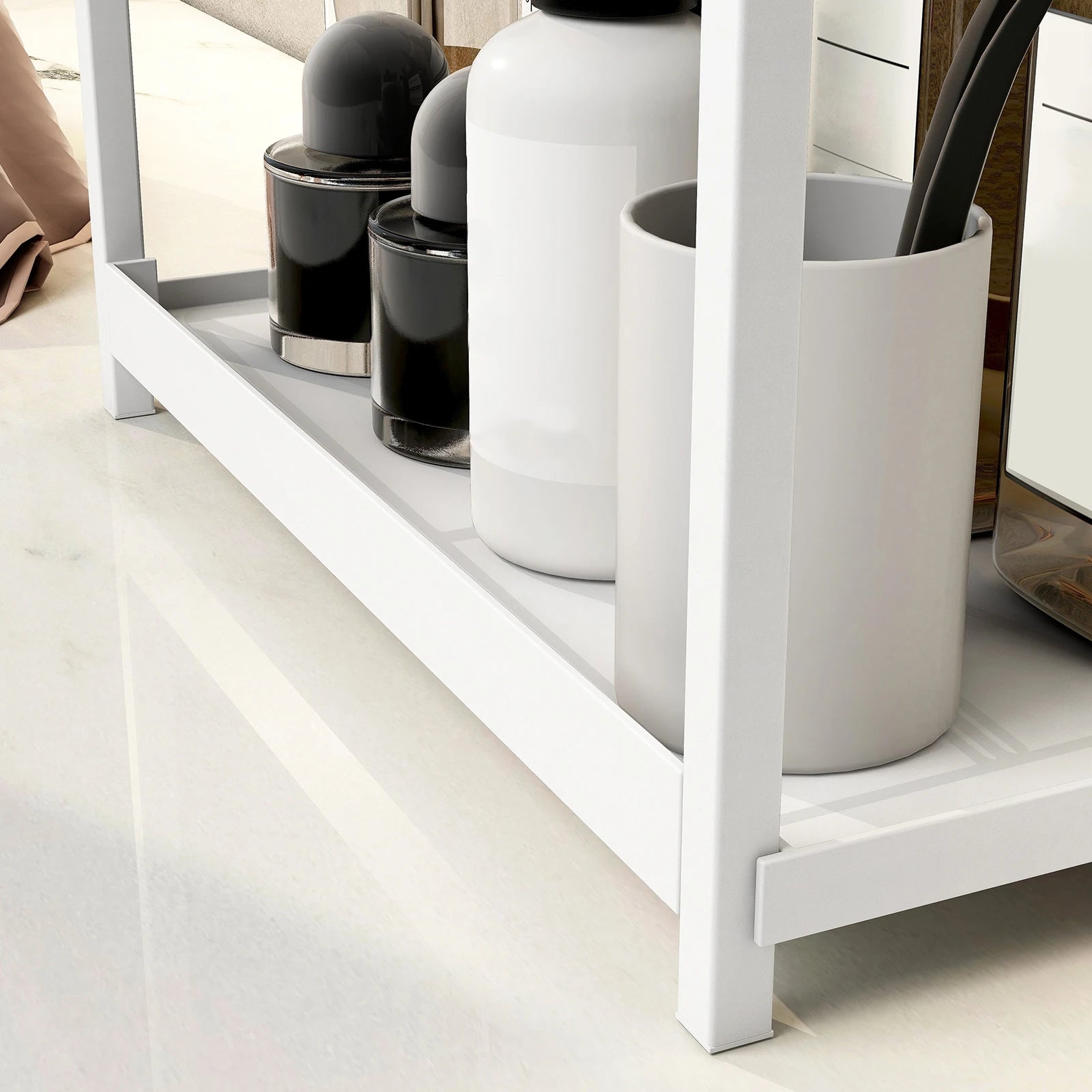 White shelf with black and white cylindrical containers on a light wooden floor.
