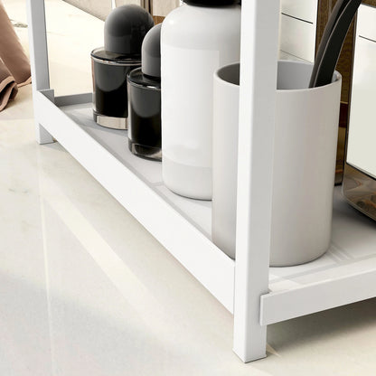 White shelf with black and white cylindrical containers on a light wooden floor.