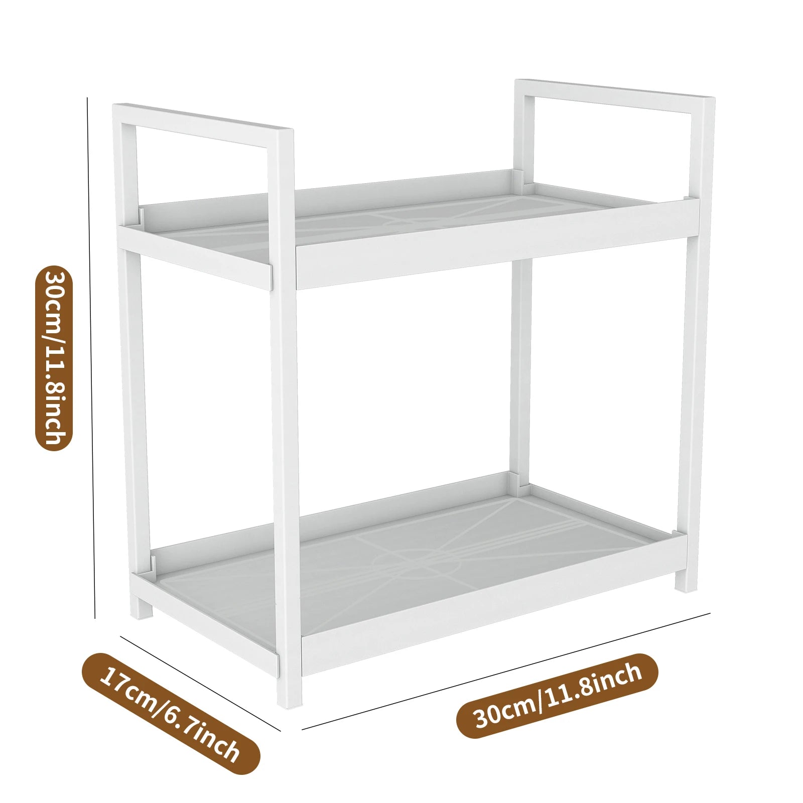 White metal shelf with dimensions indicated on a white background