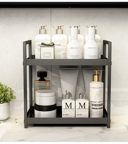 Bathroom shelf with various skincare products on a neutral background