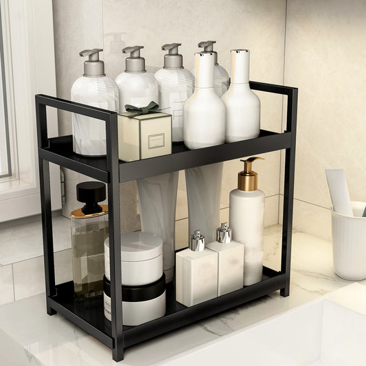 Bathroom shelf with various toiletries including bottles and containers.