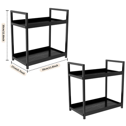 Black metal side table with dimensions on a white background