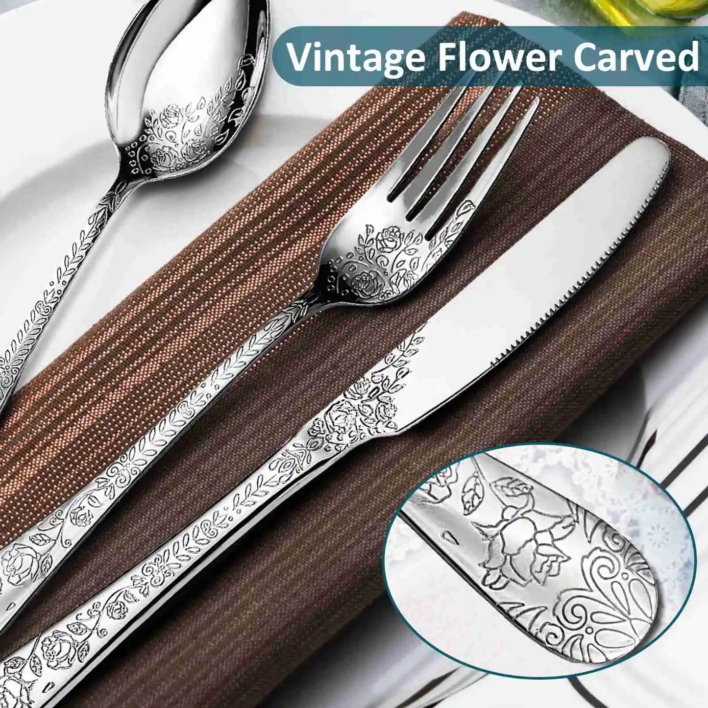 Vintage-style silver cutlery set with floral patterns on a white background