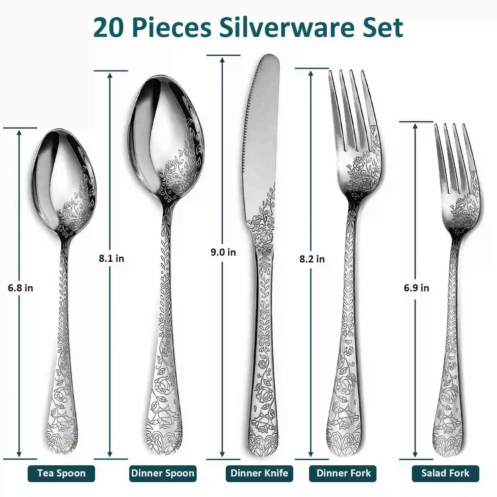 20-piece silverware set with measurements and types of cutlery on a white background