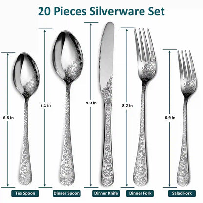 20-piece silverware set with measurements and types of cutlery on a white background